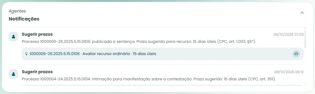 Notificações dos agentes de IA na Home, com prazos sugeridos a partir das movimentações dos processos