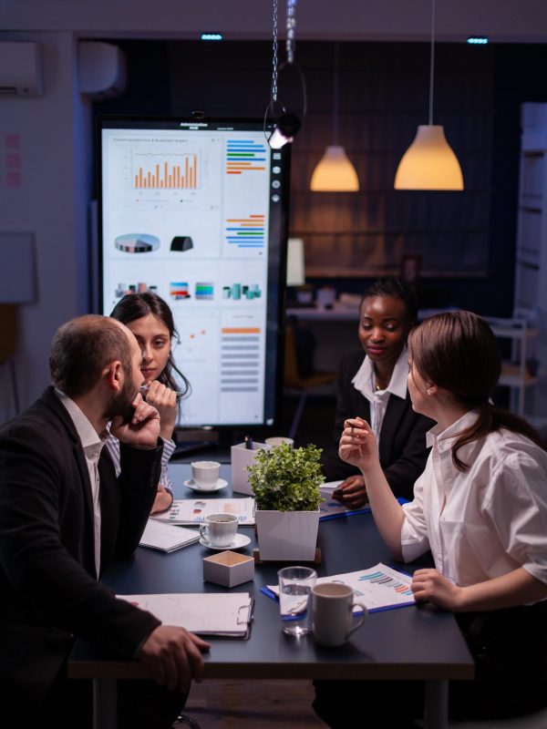 Workaholics businesspeople brainstorming financial company ideas